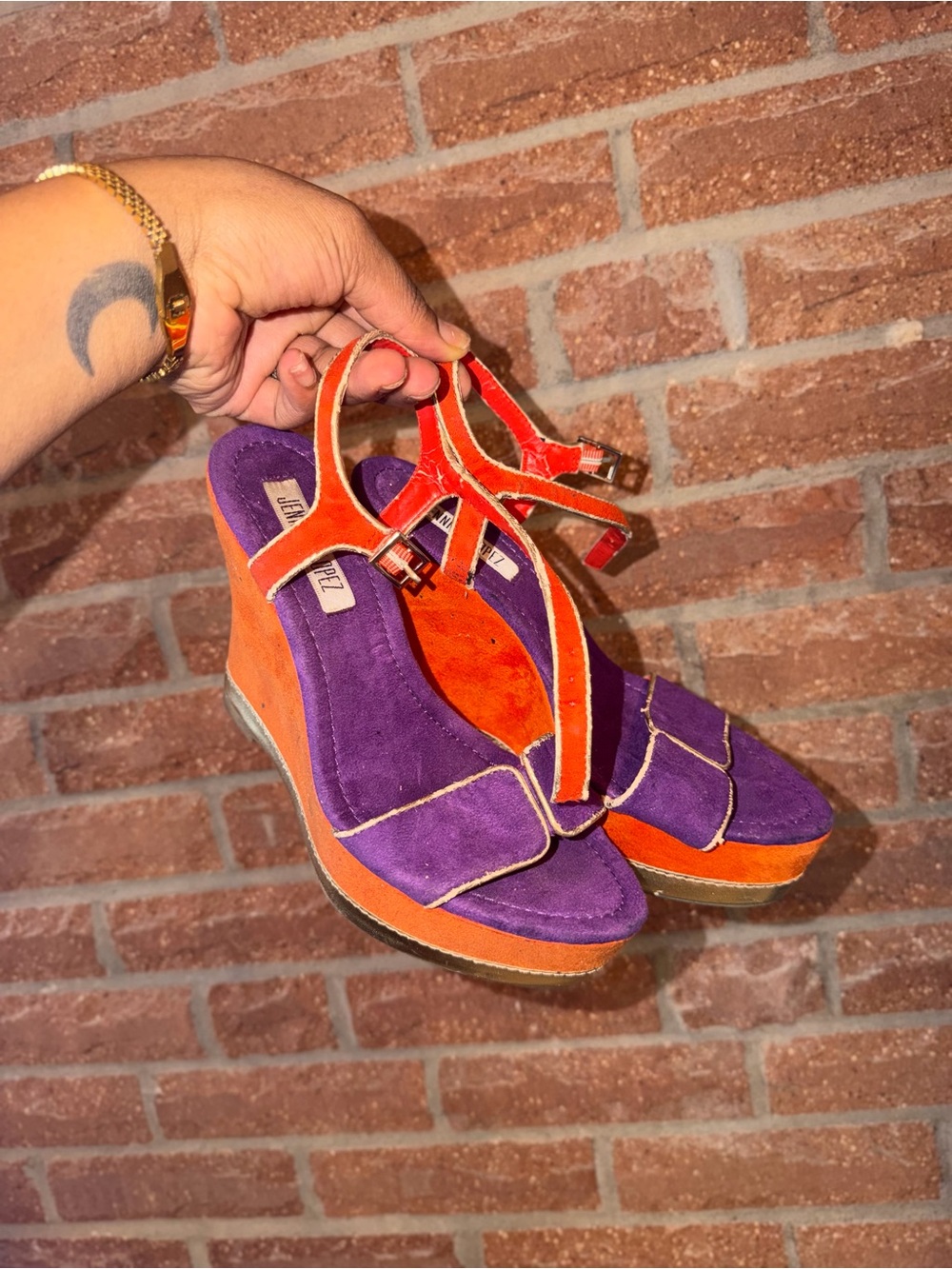 Jennifer Lopez Purple and Orange Suede Platform Wedge Sandals